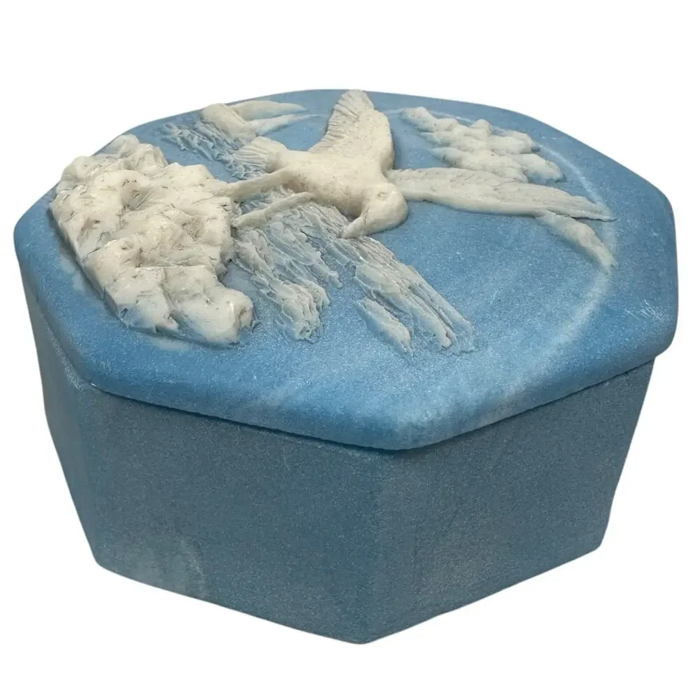 Vintage Incolay‎ Trinket Box w/ Lid Seagull Sailboat Jewelry Box Jasperware Blue